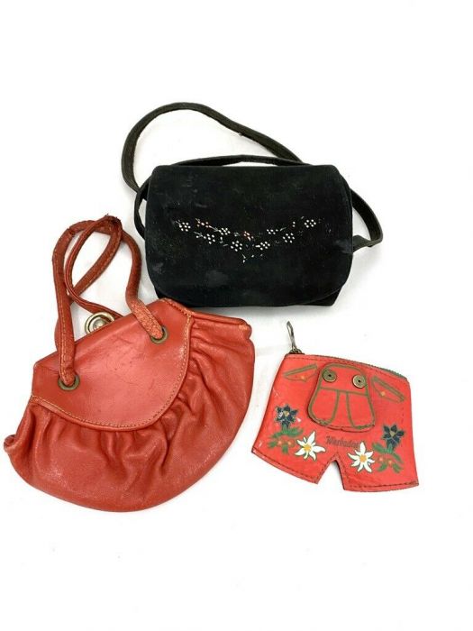 3 VINTAGE 1950'S POCKETBOOKS/PURSES hand Painted Leather Cherry Red