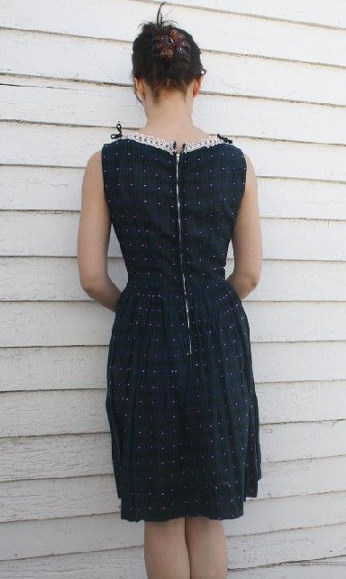 50s Plaid Day Dress Sleeveless Dark Blue Green Fit Flare Xs