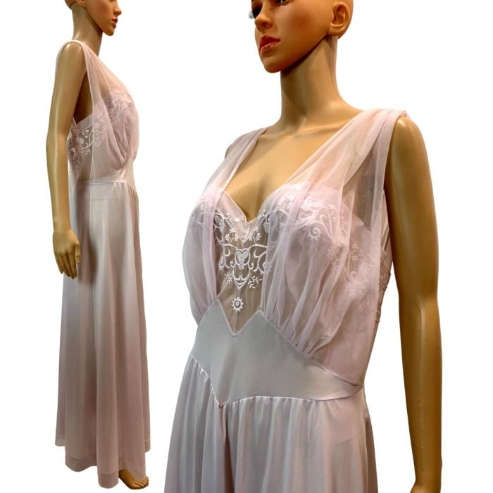 50s Fancy Embroidered Pink Chiffon Full Length Nightgown Fashion Conservatory