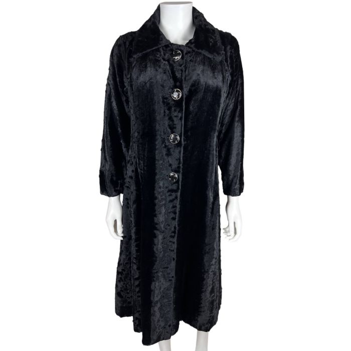 Vintage 1960s Faux Fur Coat Black Velvet Pile Girmes Oedt Germany 