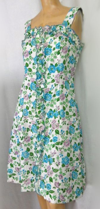 Vintage 1960s Cotton A Line Dress Blue Purple Floral Print Ruffled Sundress Merrilee Modes