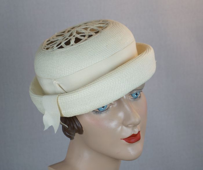 60s Off White Straw Derby Hat with Open Weave Crown Fashion Conservatory