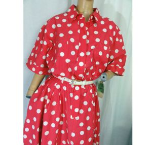 Polka Dot 1980s Shirtwaist Dress Vintage Half Plus Size 22 Barbie Pink Sears Deadstock Rockabilly - Fashionconservatory.com