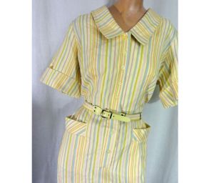 Flutterbye 60s Dress Pastel Rainbow Stripe Shirtwaist with Belt Casual Spring Summer Sheath Size Lar - Fashionconservatory.com