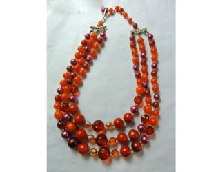 Vintage 60s Triple Strand Choker Necklace Orange Autumn Fall Tone Plastic Beads
