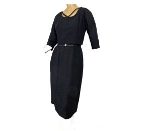 Vintage 1950s Black Sheath Cocktail Dress LBD ''A Topaz Original'' Fancy Neckline