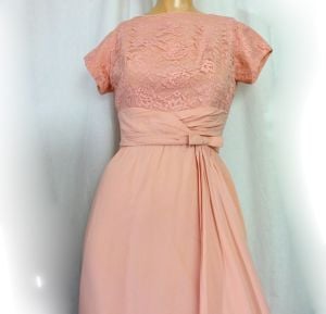 Vintage 1960s Party Dress Pink Chiffon and Lace ''Femme Fashions'' Made in USA - Fashionconservatory.com