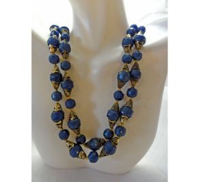 Vintage 1950s Necklace Blue Lucite Plastic Beads and Brass Double Strand Choker Marked West Germany
