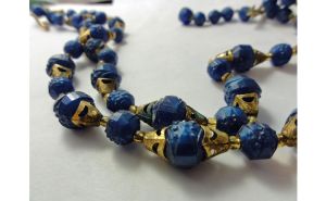 Vintage 1950s Necklace Blue Lucite Plastic Beads and Brass Double Strand Choker Marked West Germany - Fashionconservatory.com