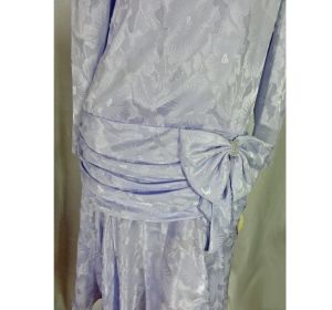 1980s Party Dress Gray Blue NOS Midi Length Flapper Style Big Bow Puffy Sleeves - Fashionconservatory.com