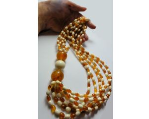 Vintage 70s Multi Strand Necklace and Pierced Earring Set Cream with Brown Plastic Beads Side Detail - Fashionconservatory.com