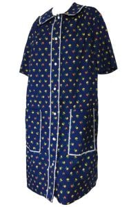 Vintage 1960s Robe Housecoat Navy Blue Floral Daisy Print ''Models Coat'' Cotton Dressing Gown NOS