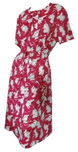 Deadstock Plus Size Dress Pink & White Abstract Print Jersey NOS Bow Neck, Front Zipper A Line ''Thre