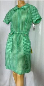 1960s Day Dress Green Checked Gingham Shift Vintage Deadstock ''Pat Perkins'' Front Zipper and Origina