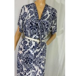 Vintage 1950s Dress Navy Blue Paisley Print Sheer Rayon NOS Bow Neck ''Caldwell Casuals'' - Fashionconservatory.com