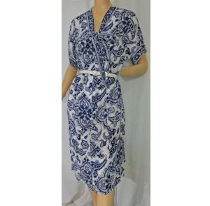 Vintage 1950s Dress Navy Blue Paisley Print Sheer Rayon NOS Bow Neck ''Caldwell Casuals''