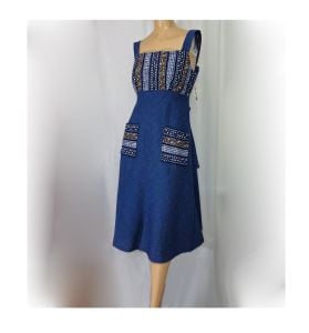 Vintage 1970s NOS Blue Denim Jumper Dress Boho Hippie Sundress Lady Match Mates