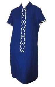 Vintage Mod 1960s Dress Navy Blue Linen White Buttons and Scallop Trim ''A David Crystal Fashion''