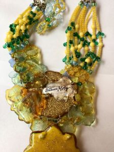Vintage Signed Arthur Koby Glass Collage of Large and Small Glass Flowers in Marigold, Yellow Green - Fashionconservatory.com