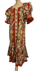 Vintage Hawaiian Maxi Dress MuuMuu Reddish Brown Tropical Floral Print Cotton with Ruffle
