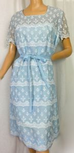 Vintage 1950s Baby Blue Garden Party Dress Lacy Floral Embroidery Summertime Sheath