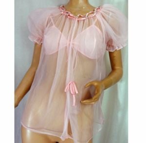 Pink Sheer Nylon Baby Doll Nightie Vintage 1960s Peignoir 3 Piece Set Lisette