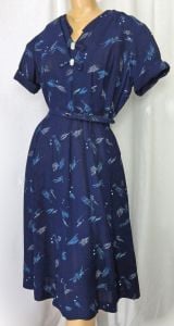 Vintage 1950s Dress Navy Blue Art Deco Print Sheer with Rhinestones Fancy Neckline Original Belt