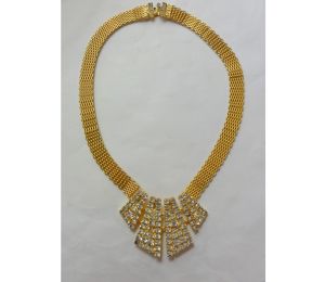Vintage Gold Tone Mesh Bib Necklace with Rhinestones Dramatic Statement Choker
