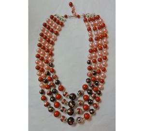 Vintage 60s Pink Orange Brown Four Strand Choker Signed Japan Multi Strand Necklace