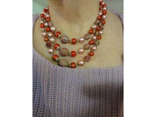 Vintage 60s Triple Strand Necklace Autumn Color Rust Orange Pink and Gold Bead Choker Signed Japan
