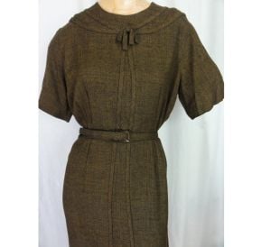 Vintage 1950s Sheath Secretary Dress Brown with Original Belt and Bow Trim - Fashionconservatory.com