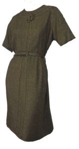 Vintage 1950s Sheath Secretary Dress Brown with Original Belt and Bow Trim