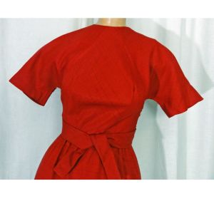 Vintage 1950s Dress Red Orange Sheath with Belt Detail Designer Label ''Junior Set Lorch of Dallas'' - Fashionconservatory.com