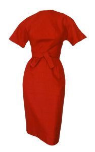 Vintage 1950s Dress Red Orange Sheath with Belt Detail Designer Label ''Junior Set Lorch of Dallas''