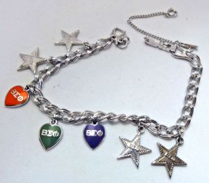 Monet Vintage 1970s Charm Bracelet Beta Sigma Phi Sorority Silver Tone Hearts and Stars