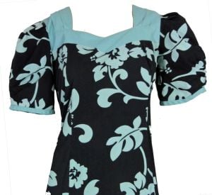 Vintage Hawaiian Maxi Dress Ruffle Hem Mermaid Blue Tropical Floral Print Cotton - Fashionconservatory.com