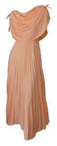 Evening Gown Vintage Greek Goddess 1970s Formal Prom Dress Peach Orange Pleated Skirt