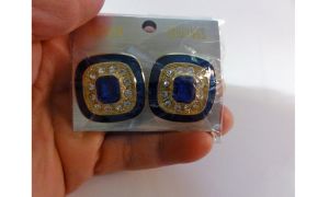 90s Square Blue Earrings Rhinestones and Enamel Gold Tone Pierced NOS Statement Jewelry