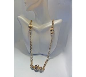 Vintage Necklace Gold Tone Double Curb Chain with Ball Bead Stations Rounds Heavy Designer Quality - Fashionconservatory.com