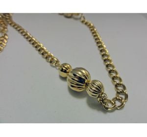 Vintage Necklace Gold Tone Double Curb Chain with Ball Bead Stations Rounds Heavy Designer Quality