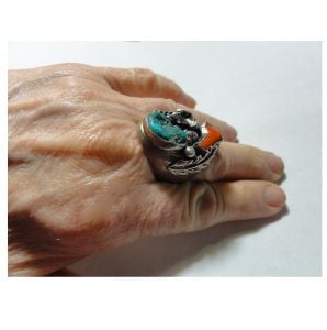 Nugget Turquoise and Coral Silver Ring Vintage 1960s Chunky Hand Crafted Native American Southwest - Fashionconservatory.com