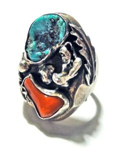 Nugget Turquoise and Coral Silver Ring Vintage 1960s Chunky Hand Crafted Native American Southwest