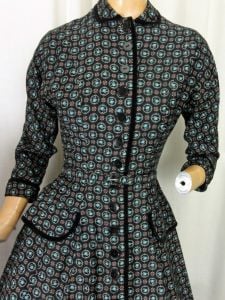 Vintage 1950s Black Print Dress Button Front Fit and Flare Shirtwaist ''L'Aiglon'' Original Belt - Fashionconservatory.com