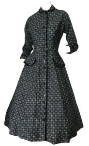 Vintage 1950s Black Print Dress Button Front Fit and Flare Shirtwaist ''L'Aiglon'' Original Belt
