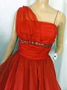 Hollywood Glam 1950s Red Cupcake Chiffon Party Dress Vintage Prom Gown One Shoulder Sequins - Fashionconservatory.com