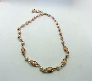 Vintage 1950s-1960s Necklace with Caged Faux Pearl Beads Gold Tone 17'' Choker - Fashionconservatory.com