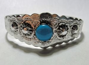 Vintage 1950s Cuff Bracelet Faux Turquoise Southwestern Embossed Silver Tone Bangle
