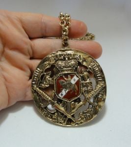 Vintage 1950s Heraldic Crest Large Pendant on Chain Necklace Red Enamel Gold Tone Swords & Knigt