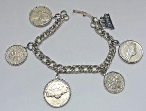 Las Vegas Charm Bracelet Five U.S. Coins Vintage 1970s Nickels & Dimes Silver