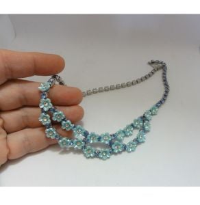 Vintage 1950s - 60s Necklace Blue Flowers and Rhinestone Choker Prom Jewelry - Fashionconservatory.com